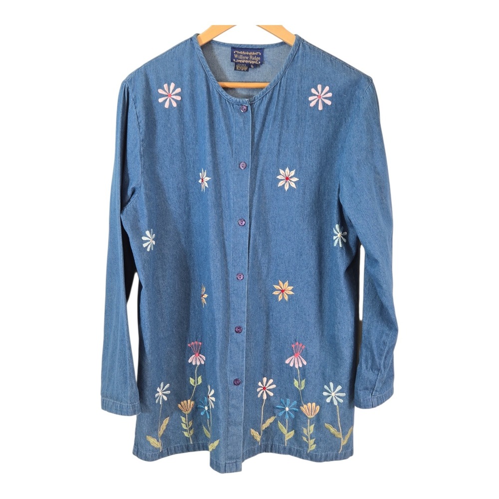 Willow Ridge Womens Denim Floral Embroidered Long Sleeve Button Up‎ Shirt Top L